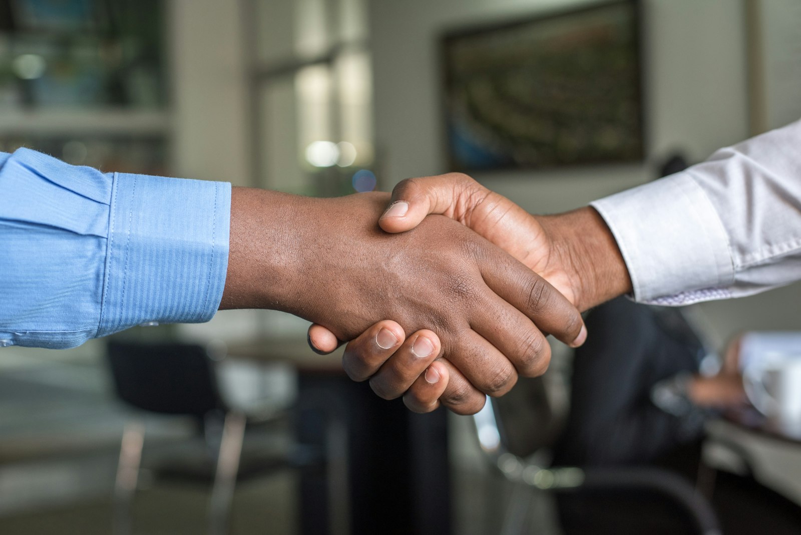 Two people shaking hands across a meeting table